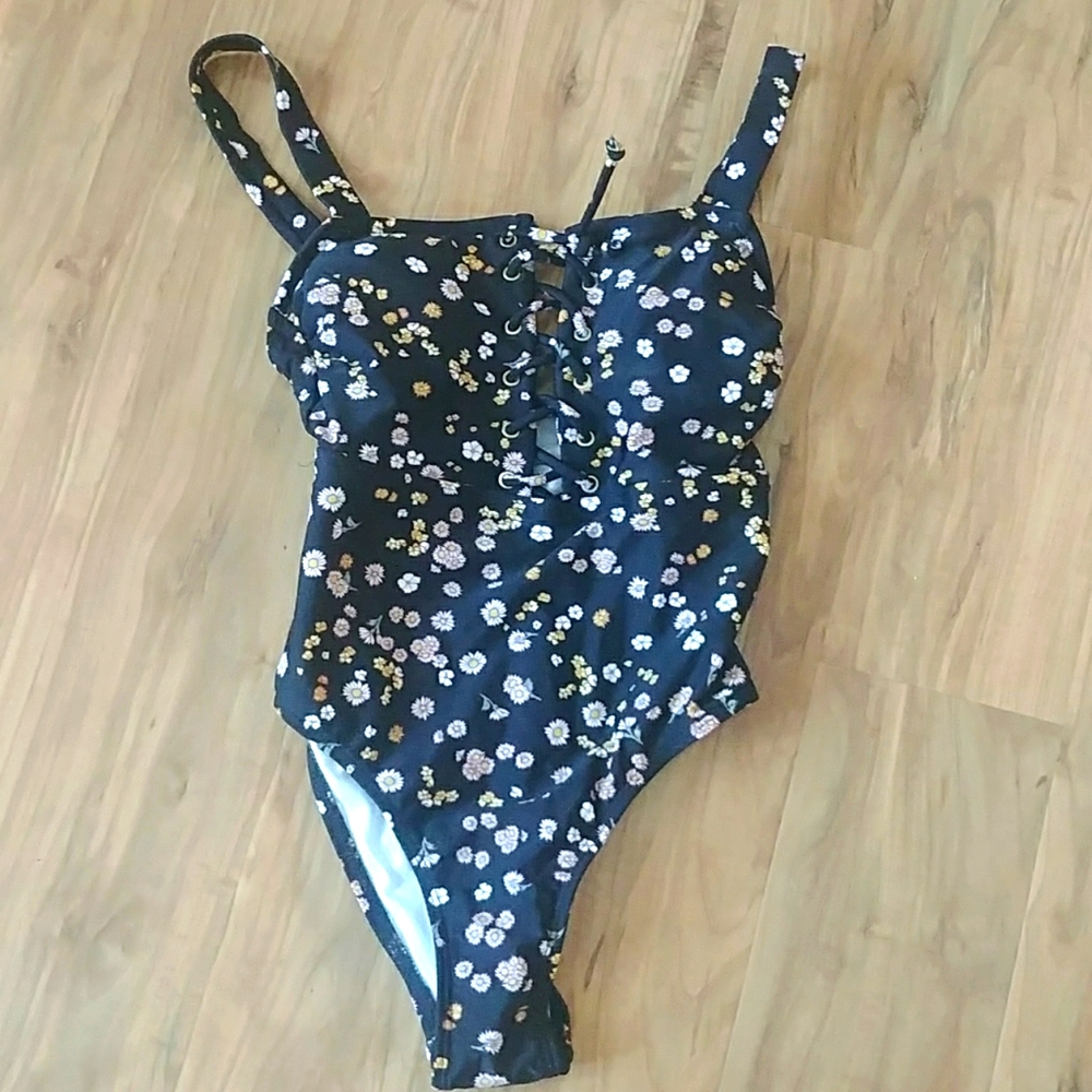 Swim suit one piece laces front floral